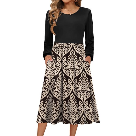 Zeagoo Women Pat2 Long Sleeve Flowy A-Line Boho Long Dress with Pockets